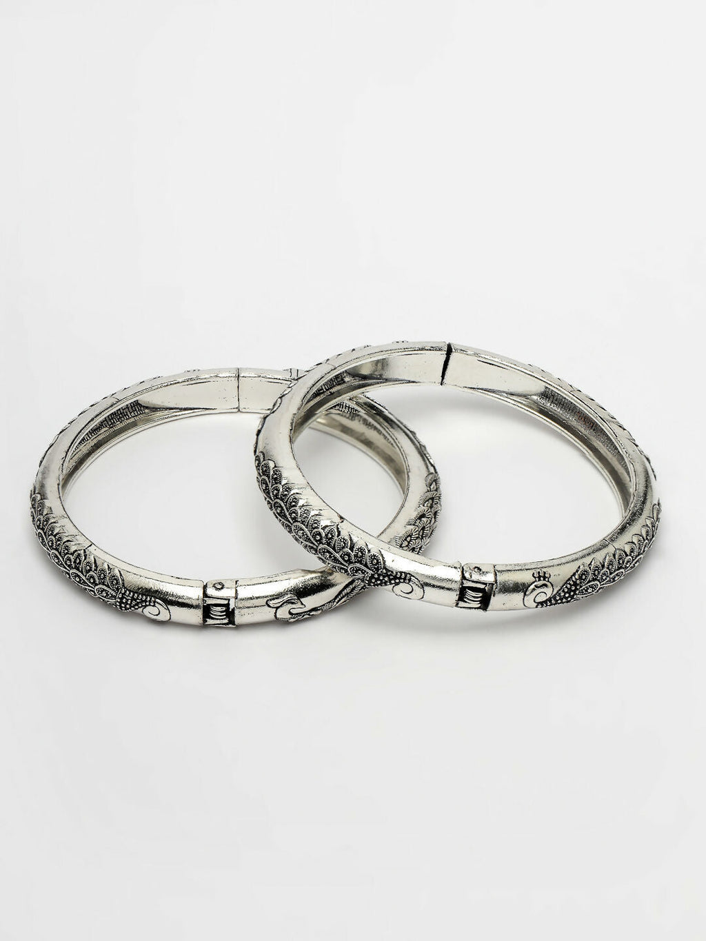 NVR Women's Silver-Toned German Silver Peacock Design Oxidised Kada Bangle