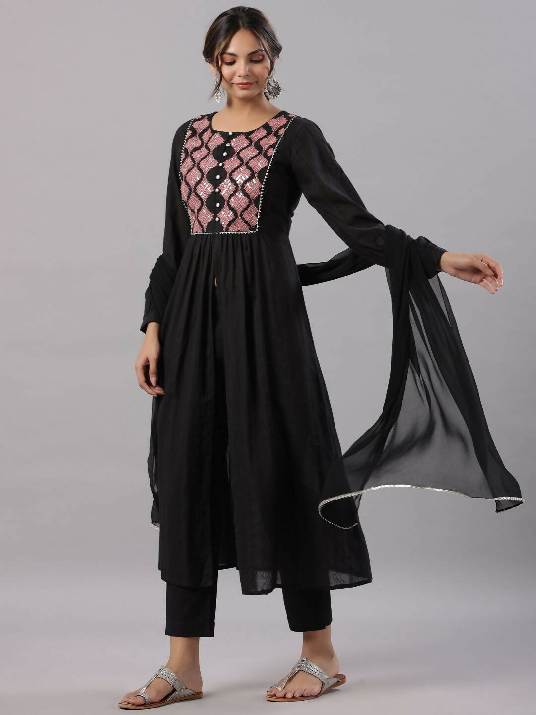 Juniper Women's Black Cotton Dobby Solid With Embroidery Flared Kurta Sets
