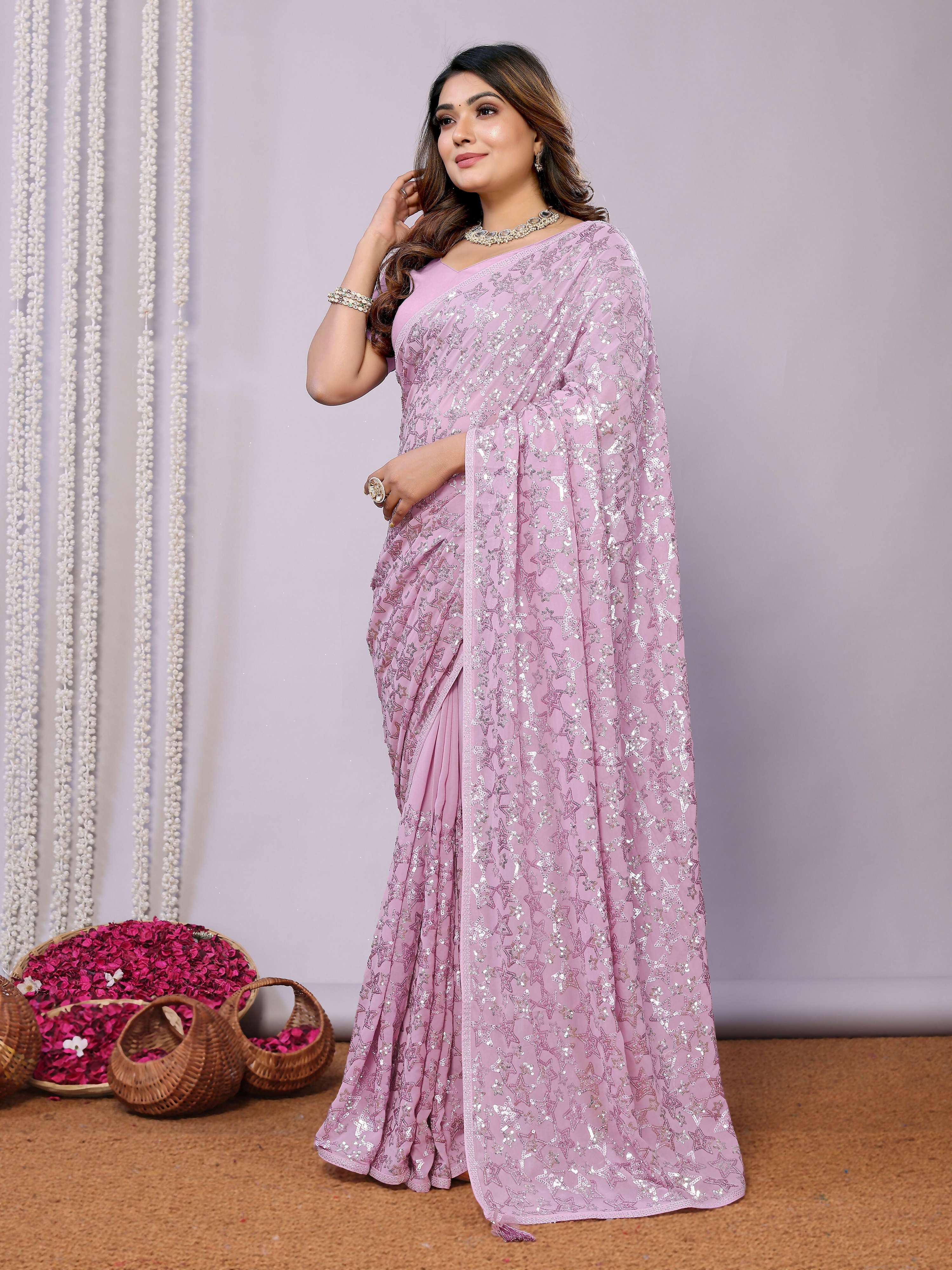 Pink Pure Georgette Embroidered Saree With Stitched Blouse - Nimaya Kaksha