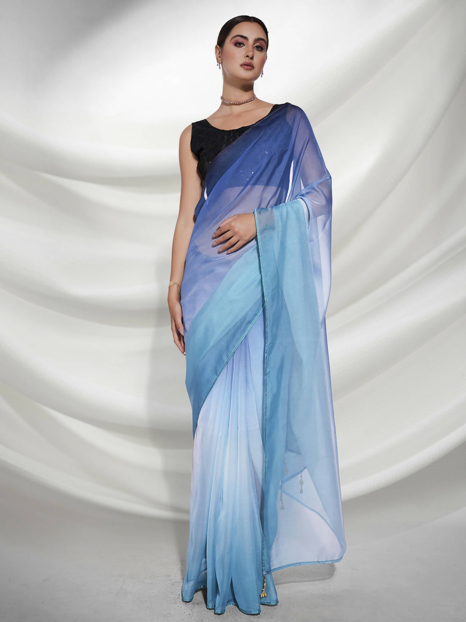 Blue Organza Solid Saree With Unstitched Blouse Piece - Shanaya