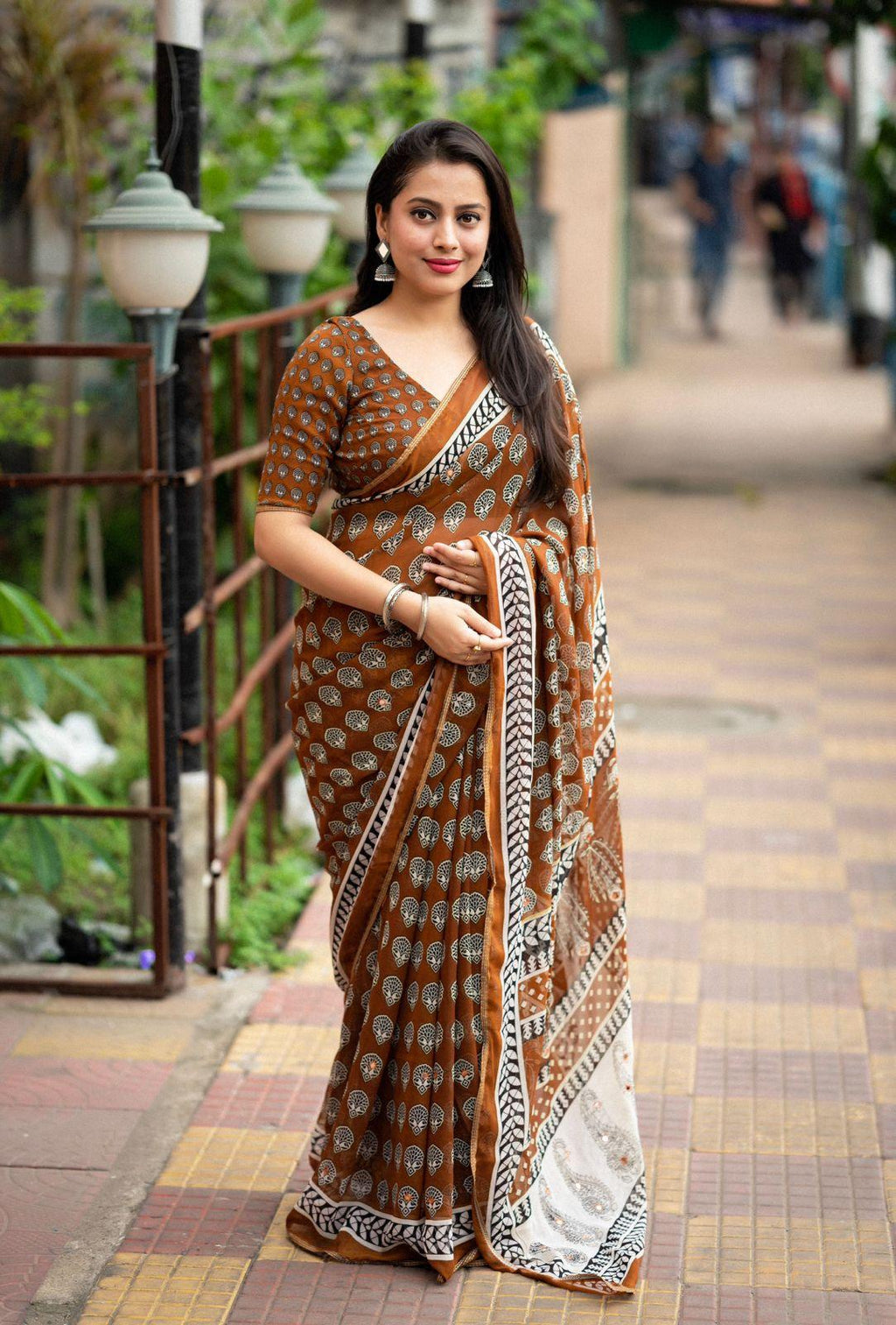 Mustard Poly Georgette Ajrak Saree with Unstitched Blouse - A2M