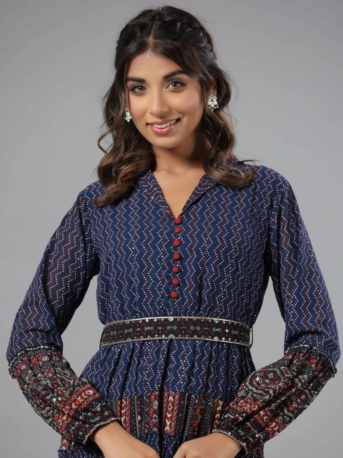 Juniper Women Navy Blue Georgette Printed Tiered Maxi Dress