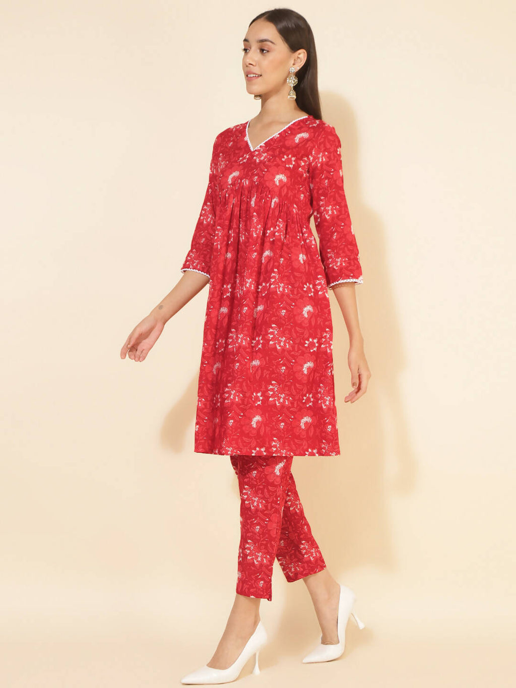 Janasya Women's Red Cotton Floral Printed Casual Flared Co-ords