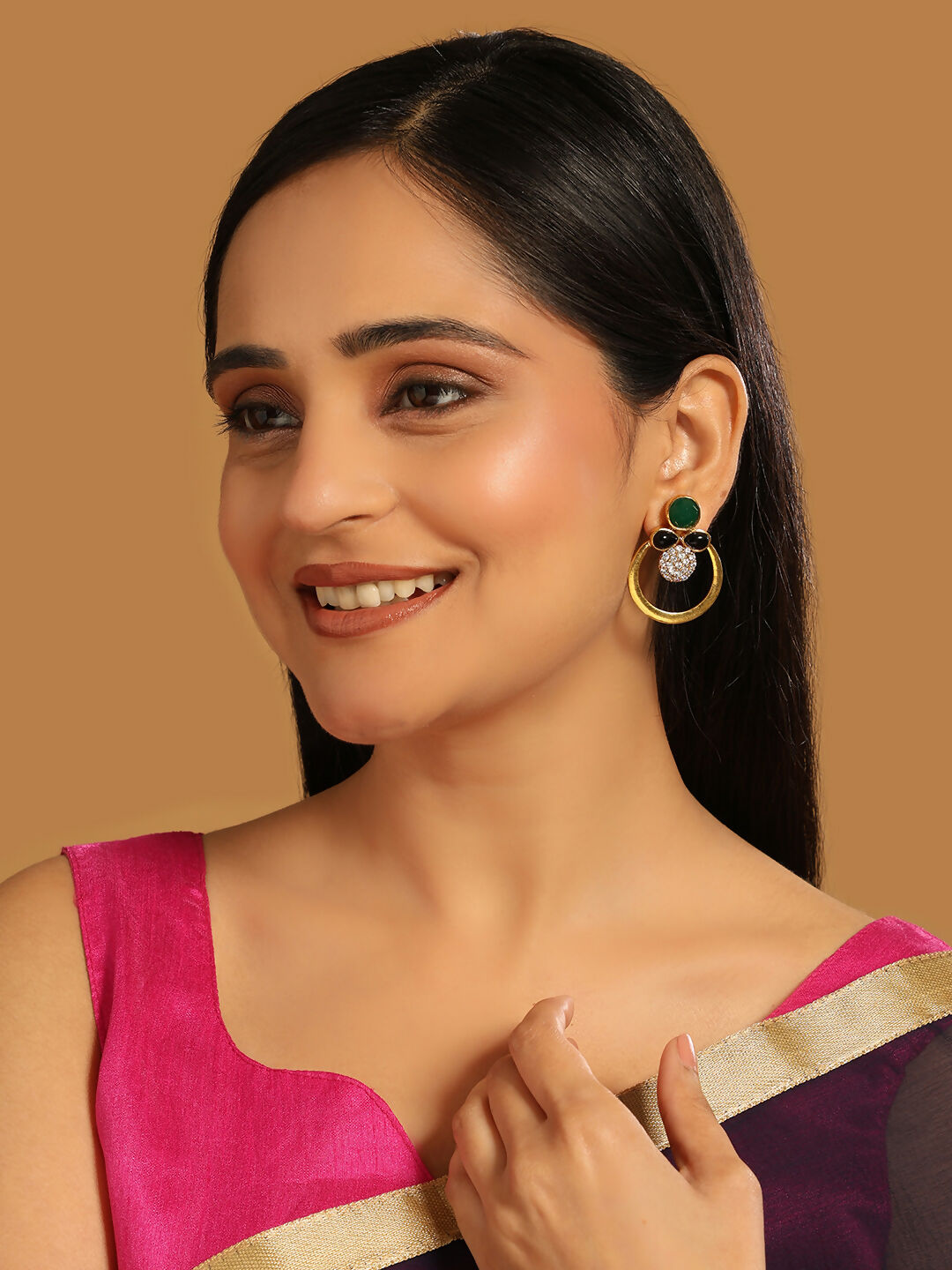 Nuyug 22K Gold Plated Cubic Zirconia Studded Contemporary Stone Earrings