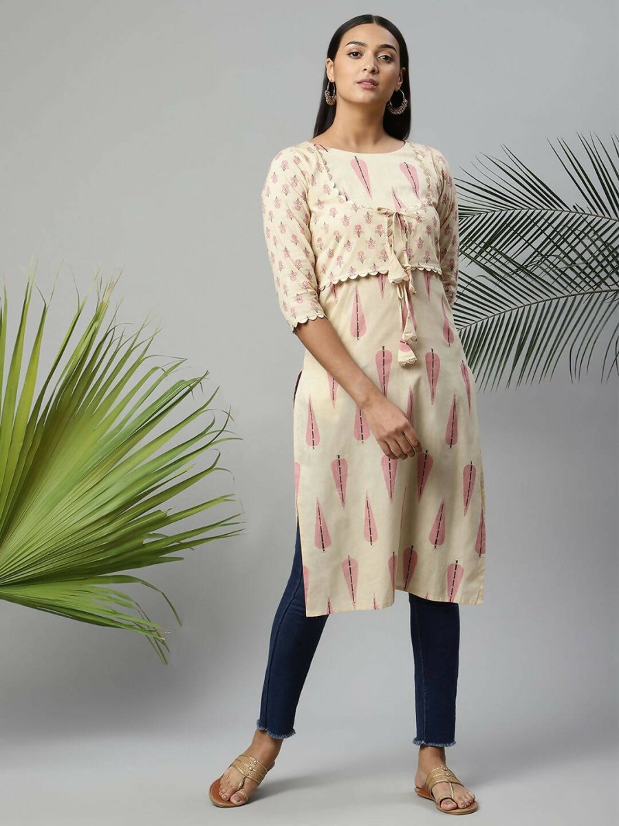 Ahalyaa Womens Chiku Pure Cotton Printed Kurtas