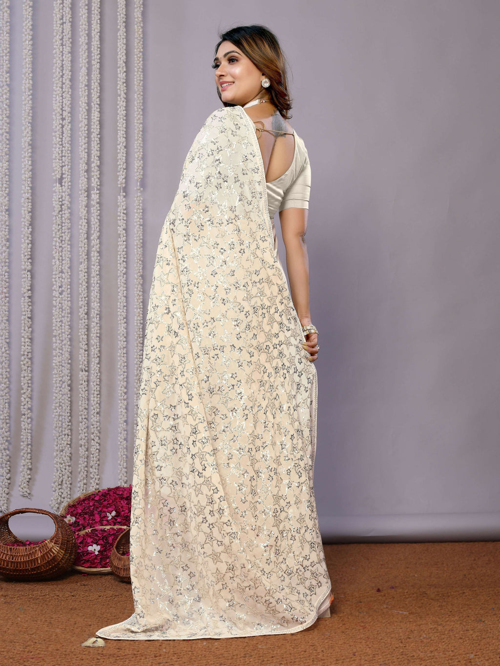 White Pure Georgette Embroidered Saree With Stitched Blouse - Nimaya Kaksha