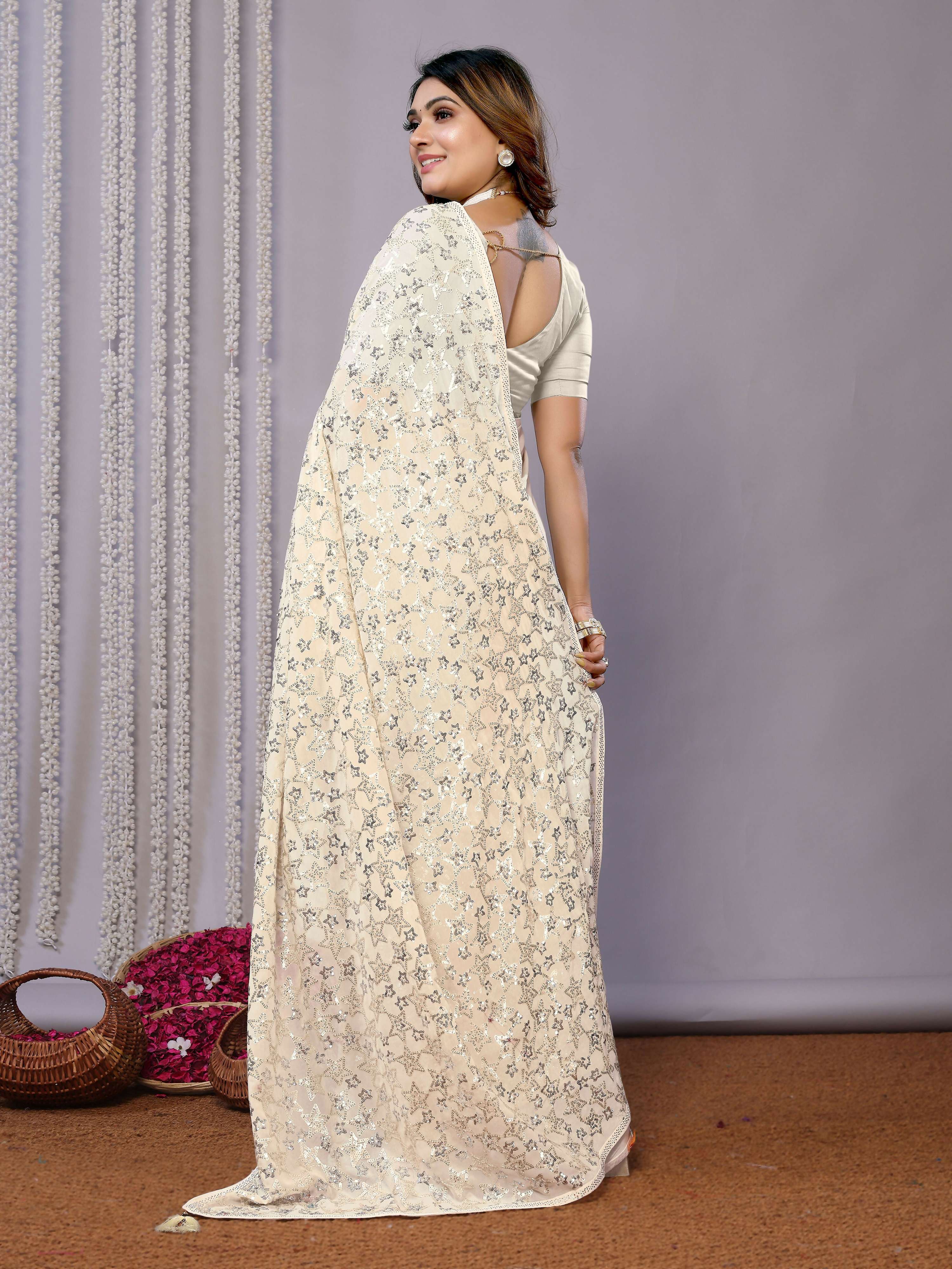 White Pure Georgette Embroidered Saree With Stitched Blouse - Nimaya Kaksha