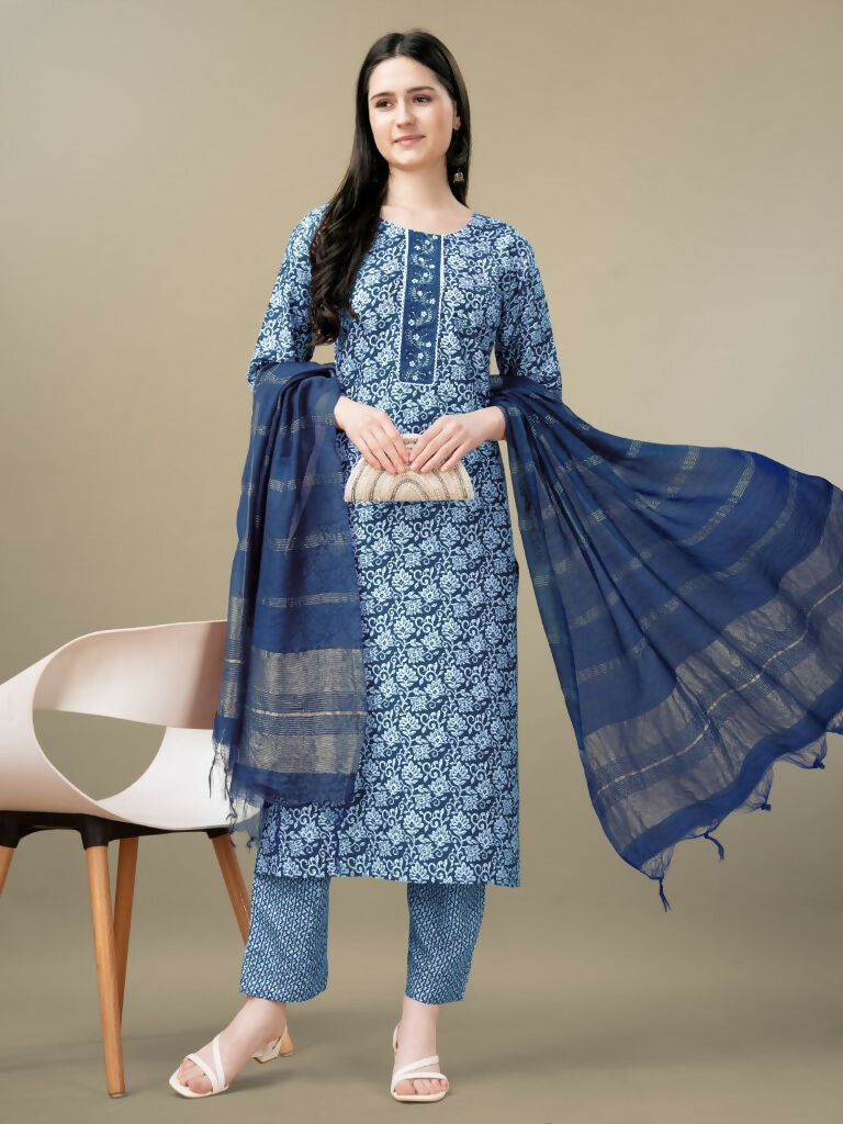 Jyoti Fashion Women's Light Blue Rayon Embroidery & Sequence work Kurta with Trouser & Dupatta