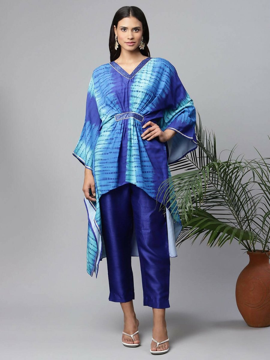 Ahalyaa Women Royal Blue Crepe Digital Printed Kaftan Kurta
