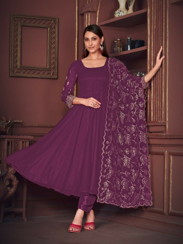 Jyoti Fashion Women's Purple Georgette Embroidered Anarkali Kurta Pant Set With Dupatta