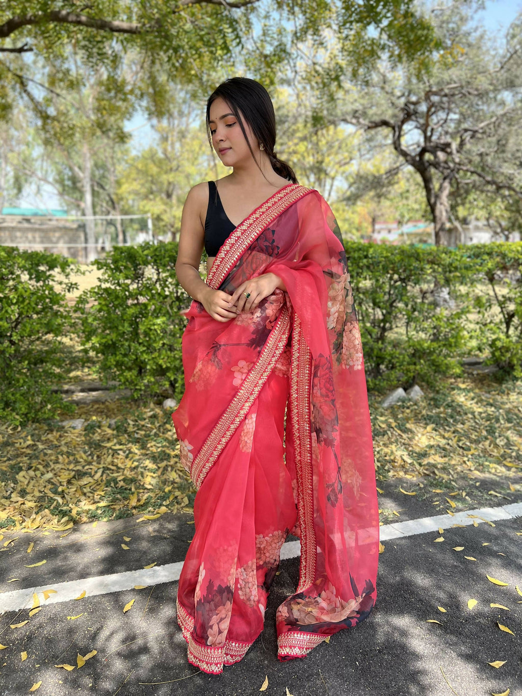 Vamsee Kali Patti Red Organza Saree