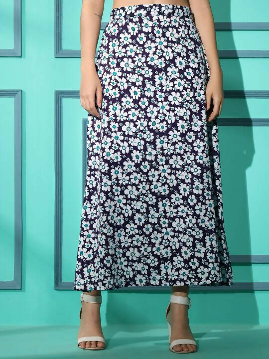 Purple Crepe Floral Printed Top with Matching Skirt - Shivani
