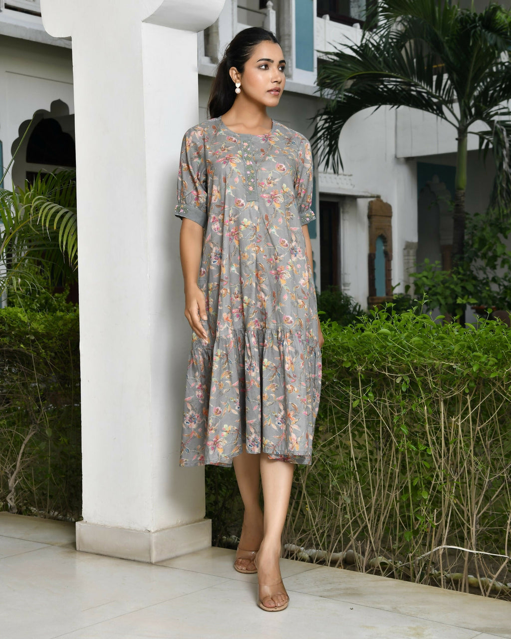 Vaasva Women's Grey Cotton Digital Printed Embroidered Placket Dress