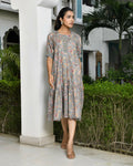 Vaasva Women's Grey Cotton Digital Printed Embroidered Placket Dress