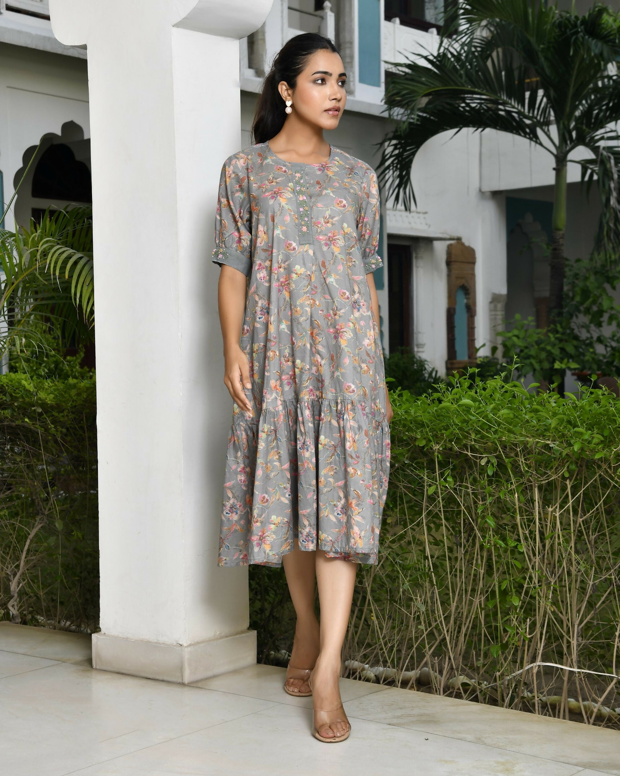 Vaasva Women's Grey Cotton Digital Printed Embroidered Placket Dress