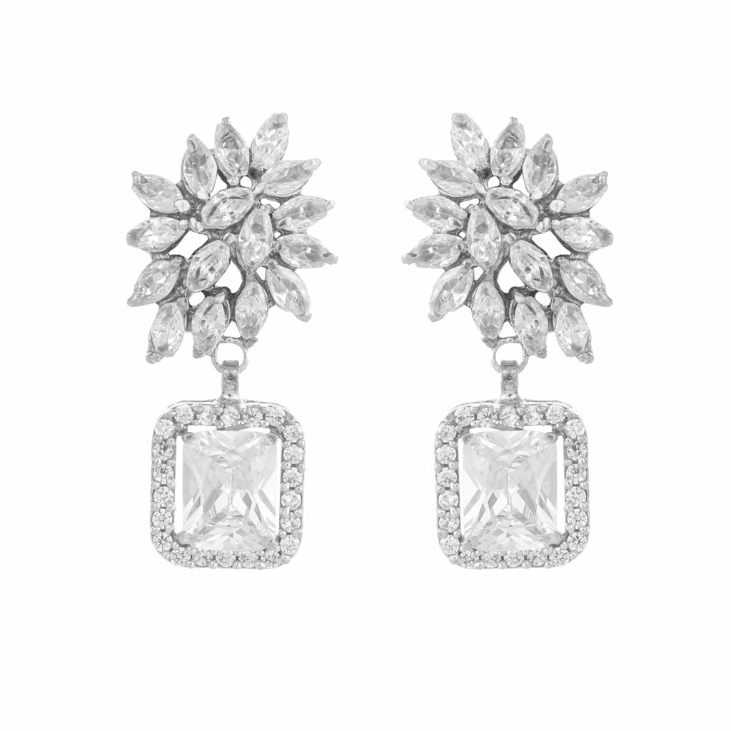 Nuyug Rhodium-Plated Rhinestone Studded Floral Minimal Cotemporary Studs