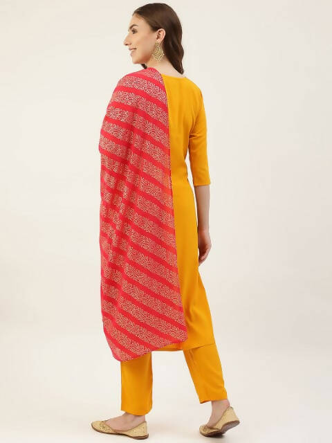 FIORRA Women's Yellow Poly Crepe Straight Kurta Pant With Dupatta