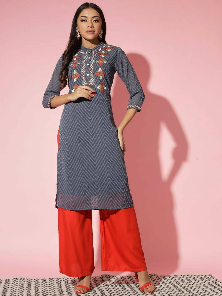 Myshka Women Grey Solid Georgette Straight V-Neck Kurtas