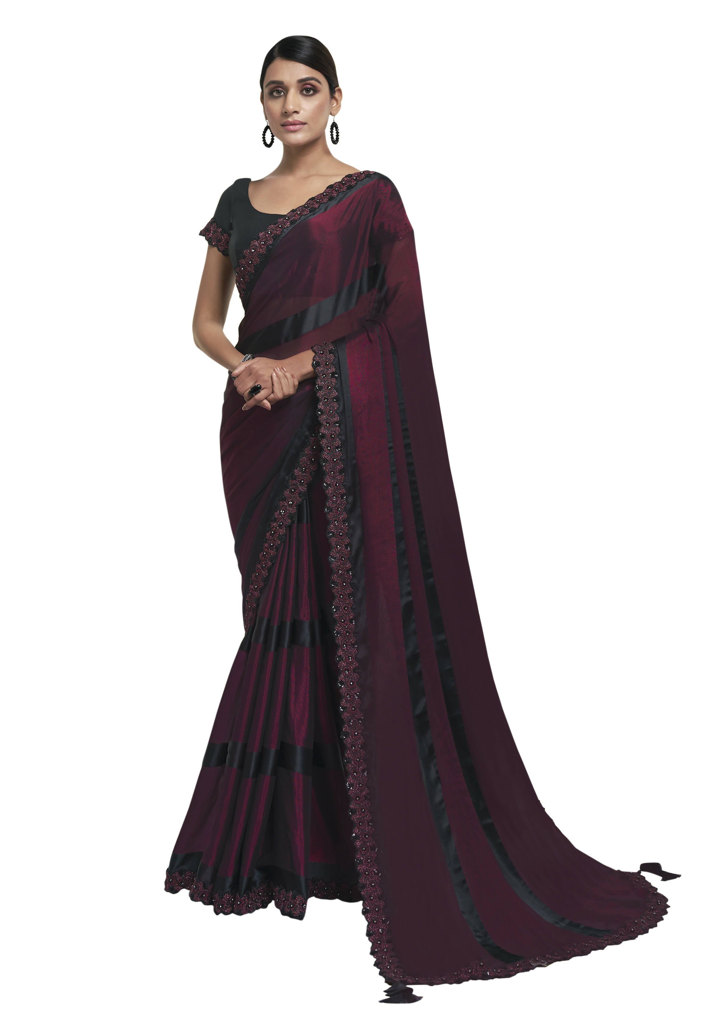 Maroon Georgette Embroidered Border Saree With Blouse Piece - Norita Avyaan