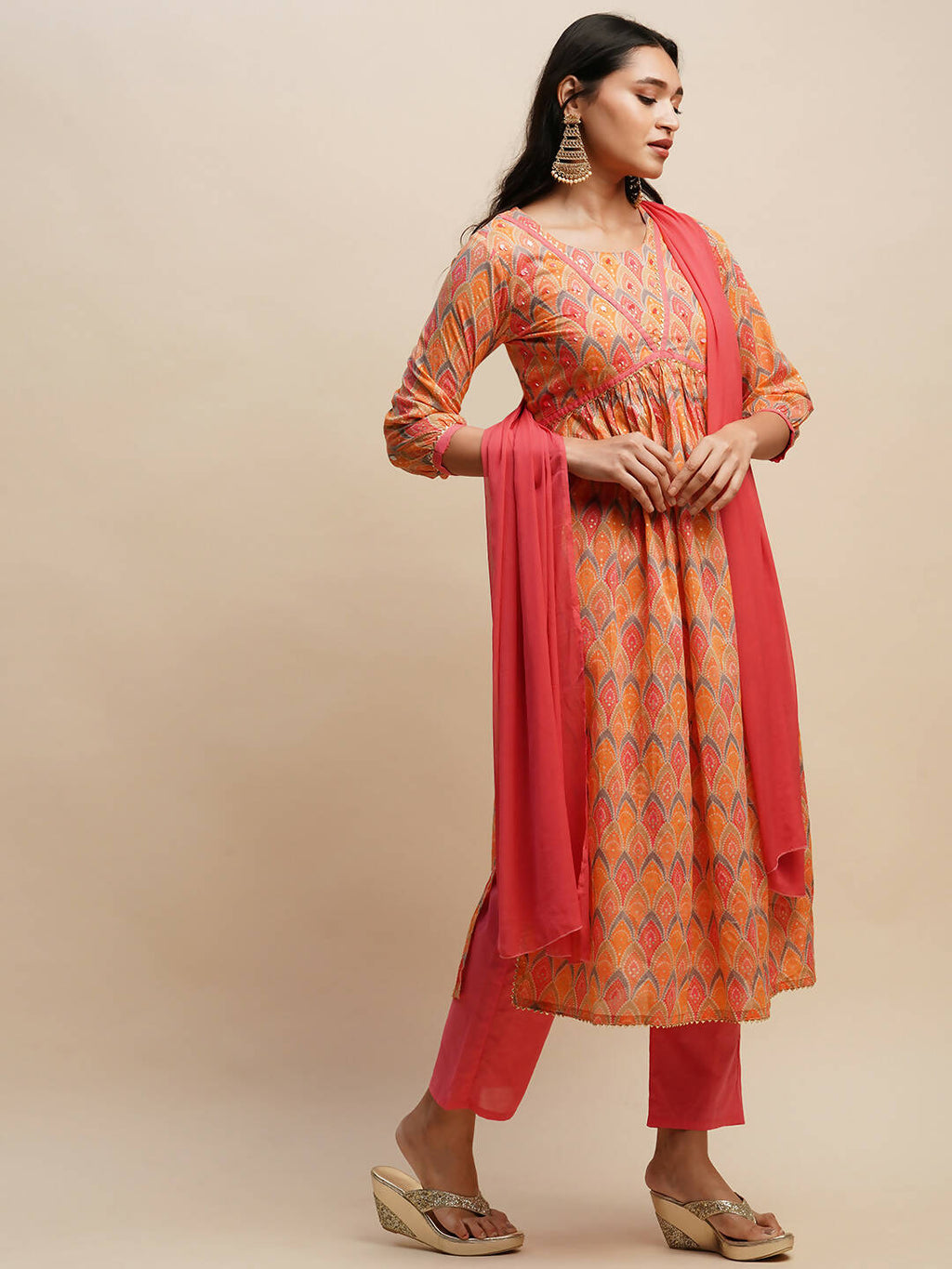 Orange Pure Cotton Bandhani Printed Naira Cut Kurta And Bottom With Dupatta - Akashara