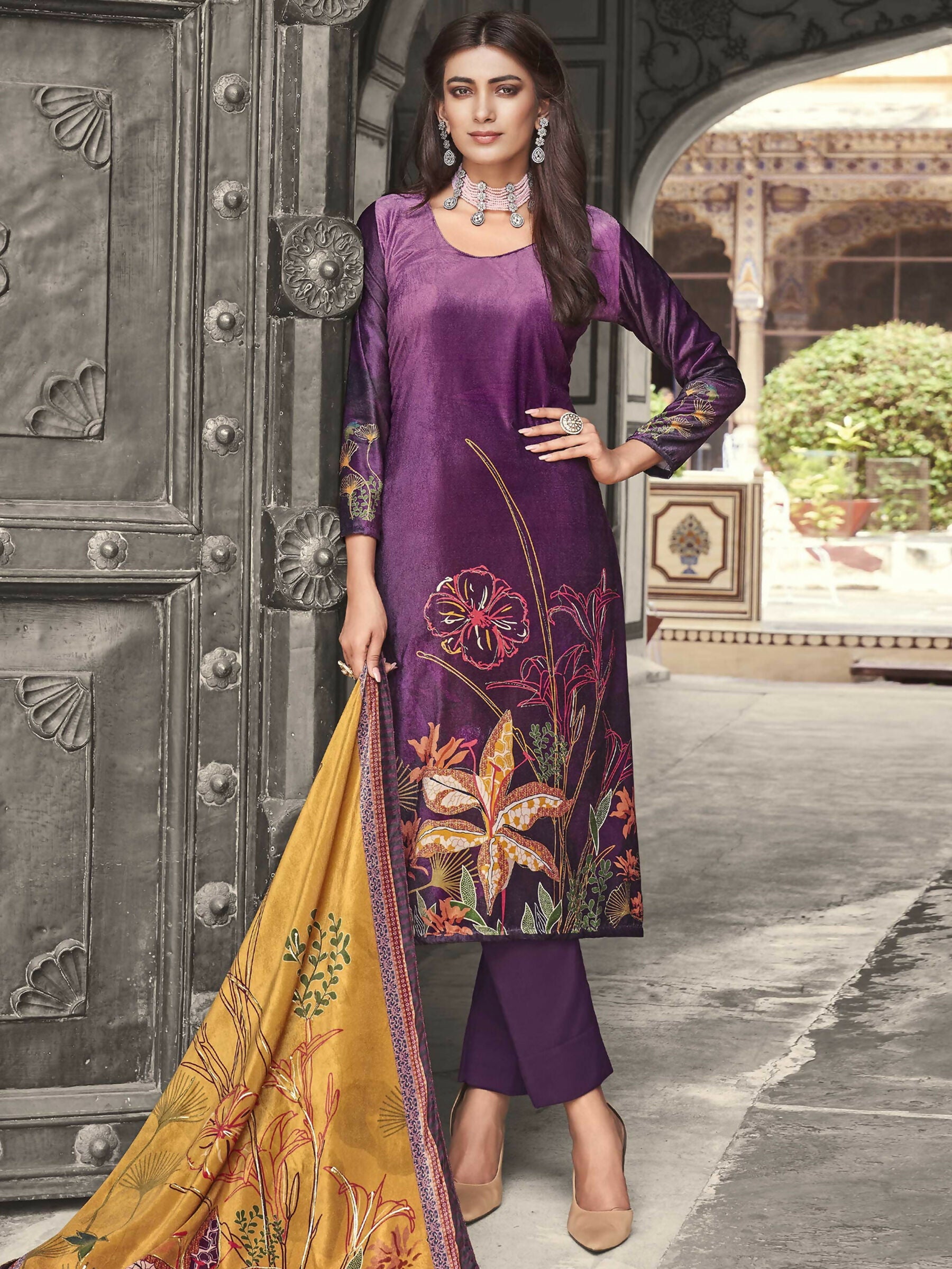 Jyoti Fashion Women's Purple Velvet Floral Digital Printed Kurta with Trouser & Dupatta