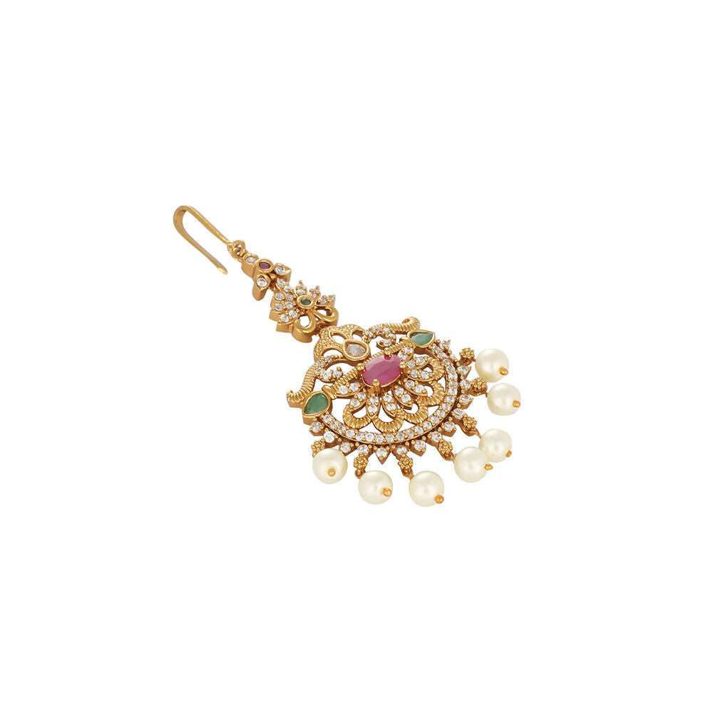 Nuyug 18K Gold Plated Ethereal Gulabi Stone Maang Tikka