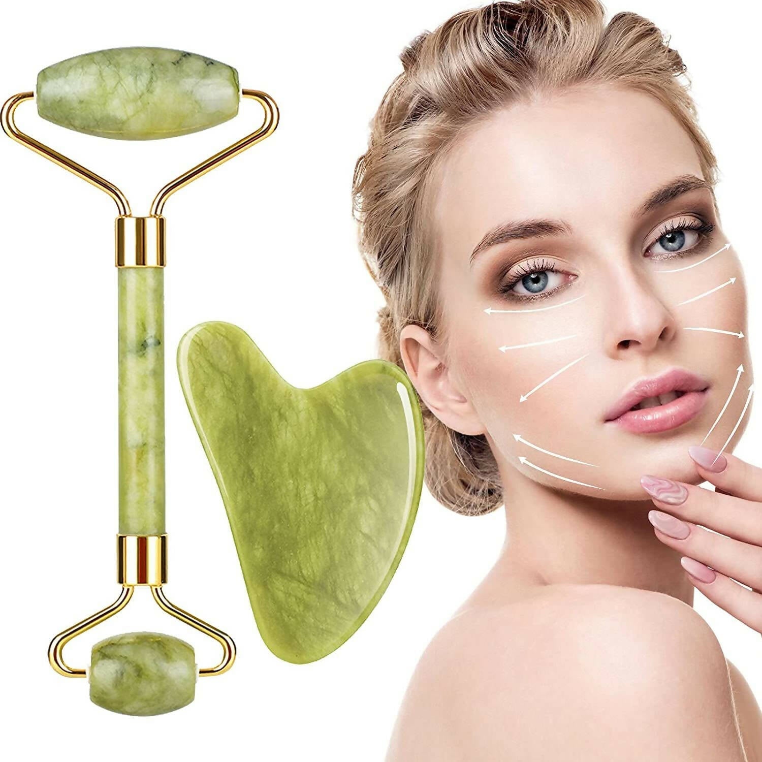 Favon Pack of Facial Roller & Gua Sha for Face, Neck Toning, Firming and Serum Application