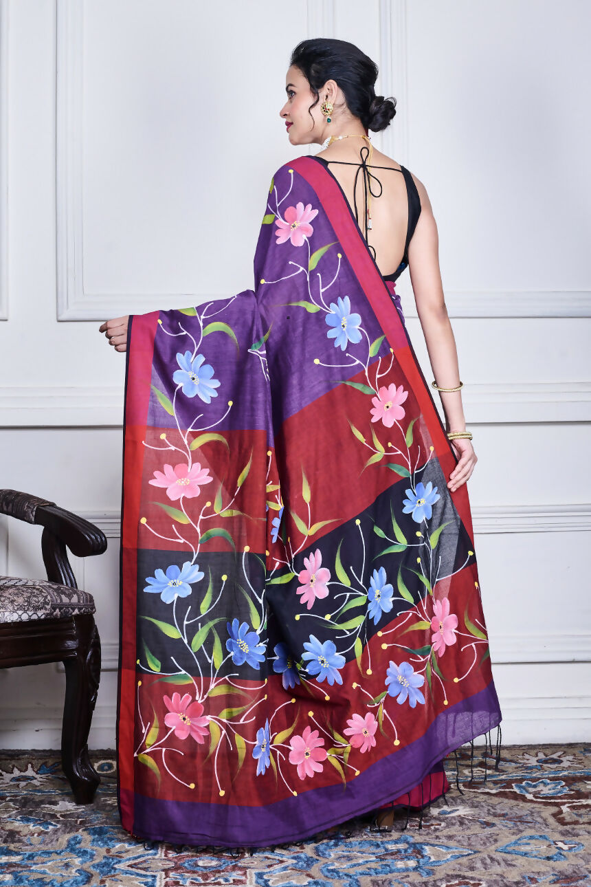 Morchari Multicolour Cotton Handloom Mirror Work Saree Unstitched Blouse