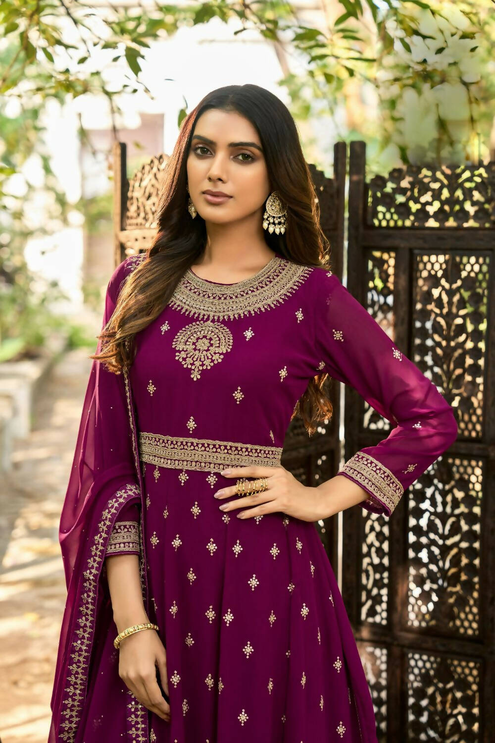 Wine Heavy Faux Georgette Anarkali Embroidered Kurta Set - Dhvani