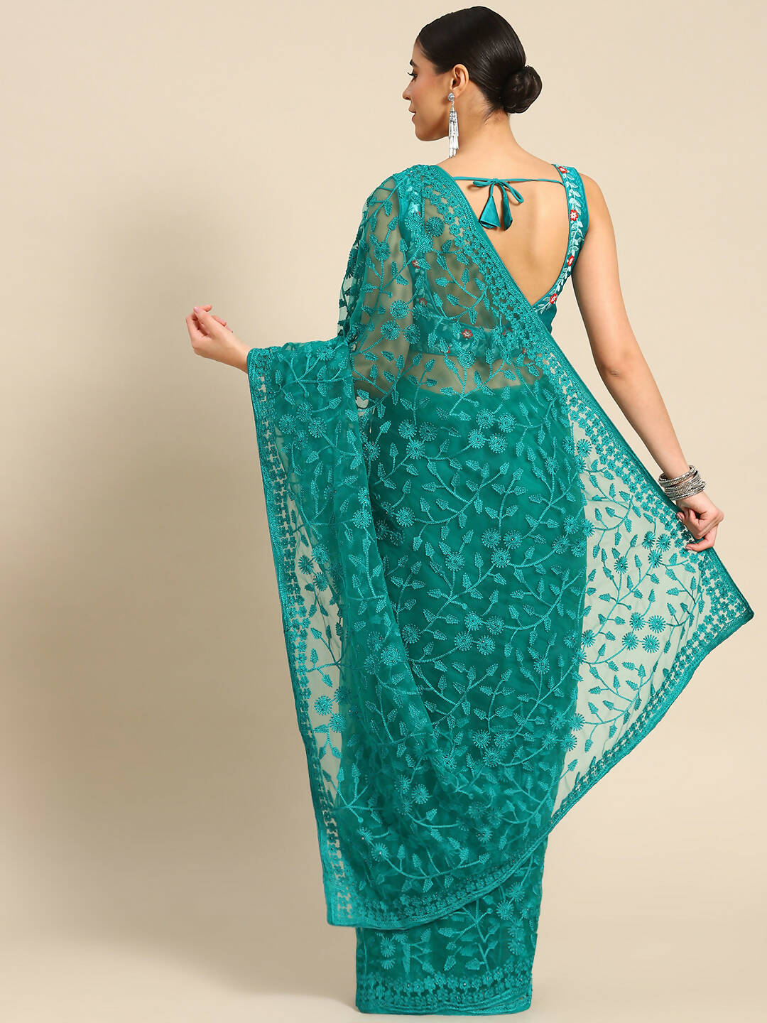Sea Green Woven Design Net Saree with Blouse Piece - Kalamkari