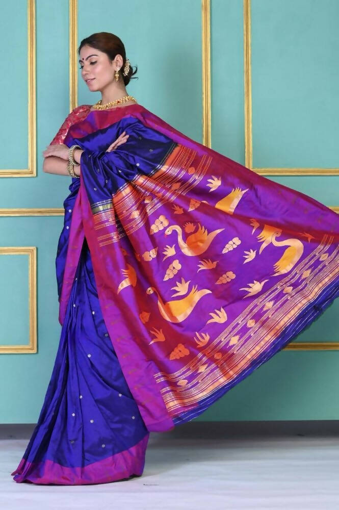 Very Much Indian Handloom Pure Silk Dark Violet Muniya Border Paithani