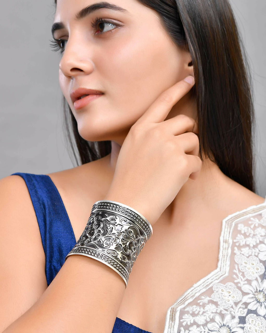 VOJ Silver Plated Oxidised Cuff Bracelet