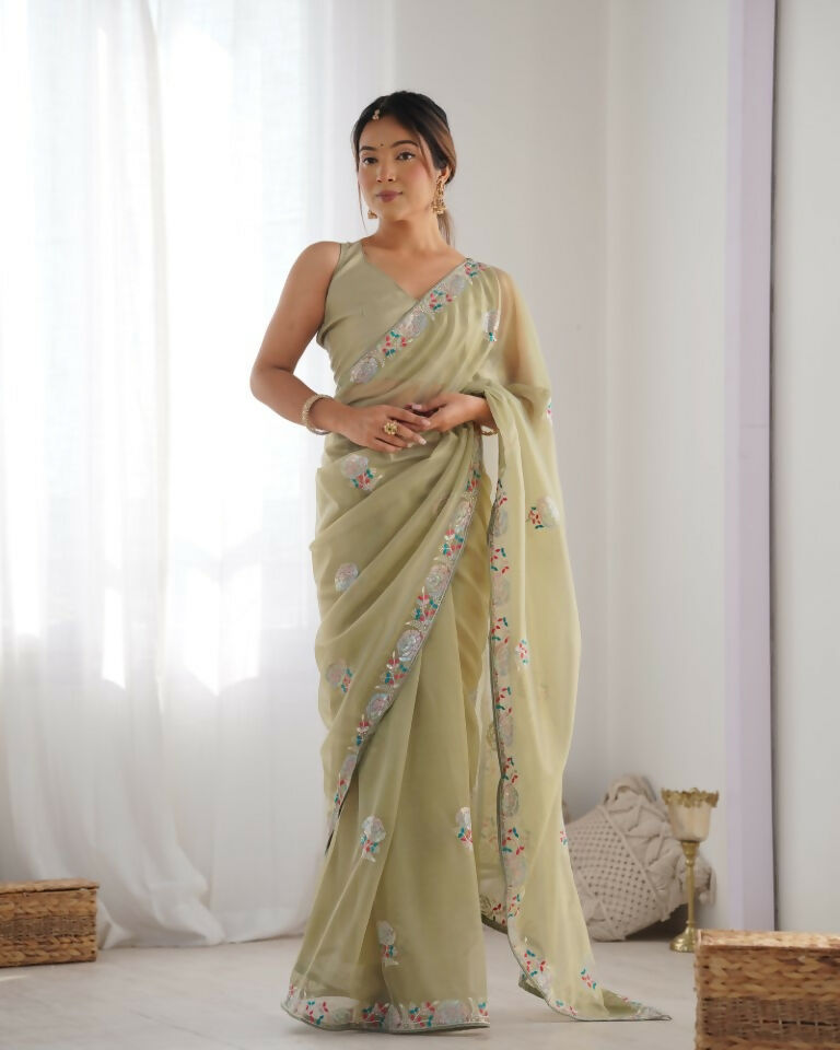 Pista Gold Twill Net Multy Thread, Sequance Embroidery Work Saree - Kriti