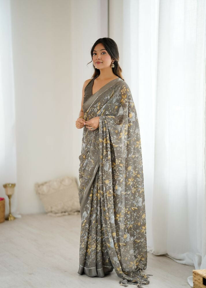 PR Fashion Grey Bright Moss Satin Patta Printed Saree