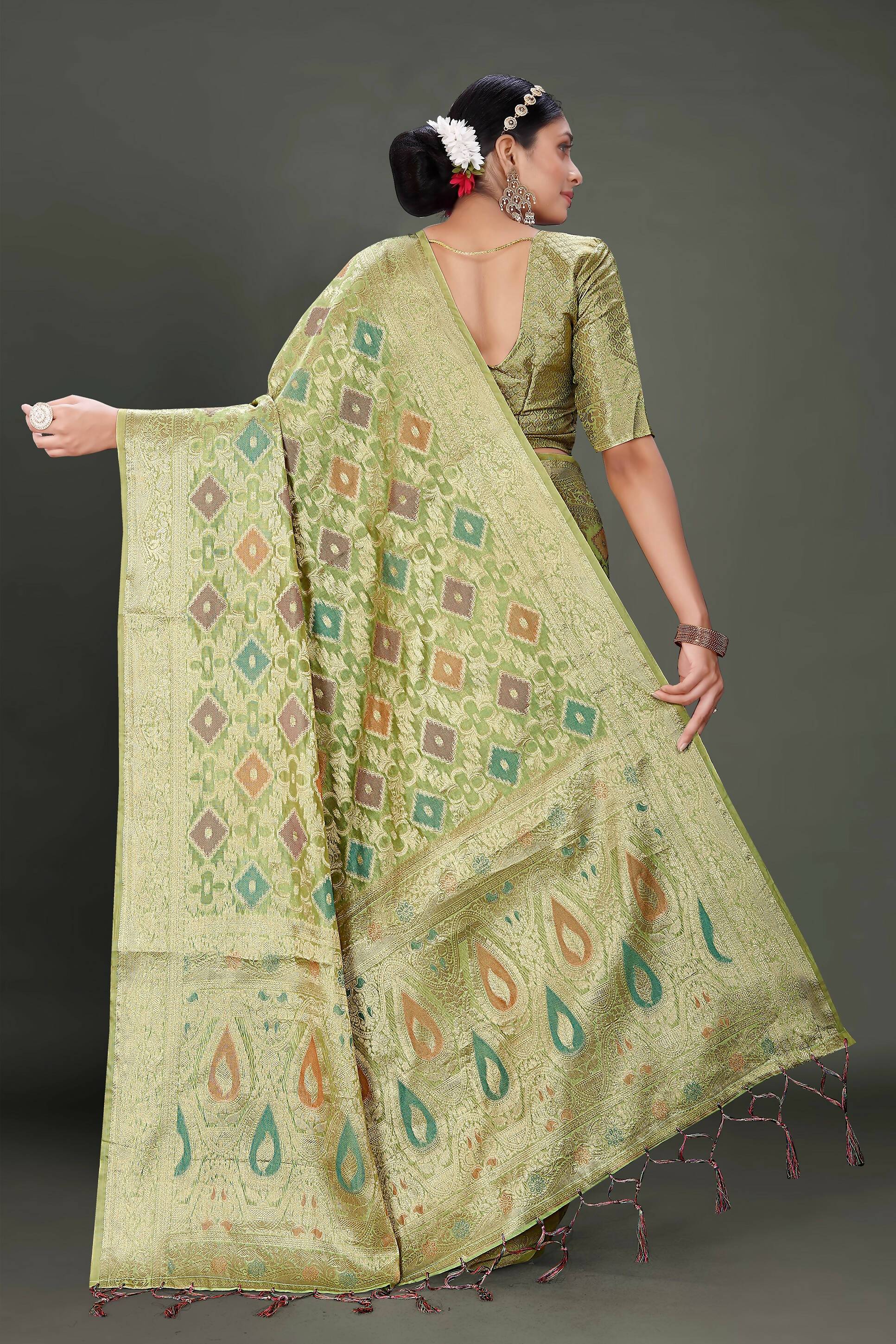 Green Soft Organza Woven Design Saree With Unstitched Blouse Piece - Zaara