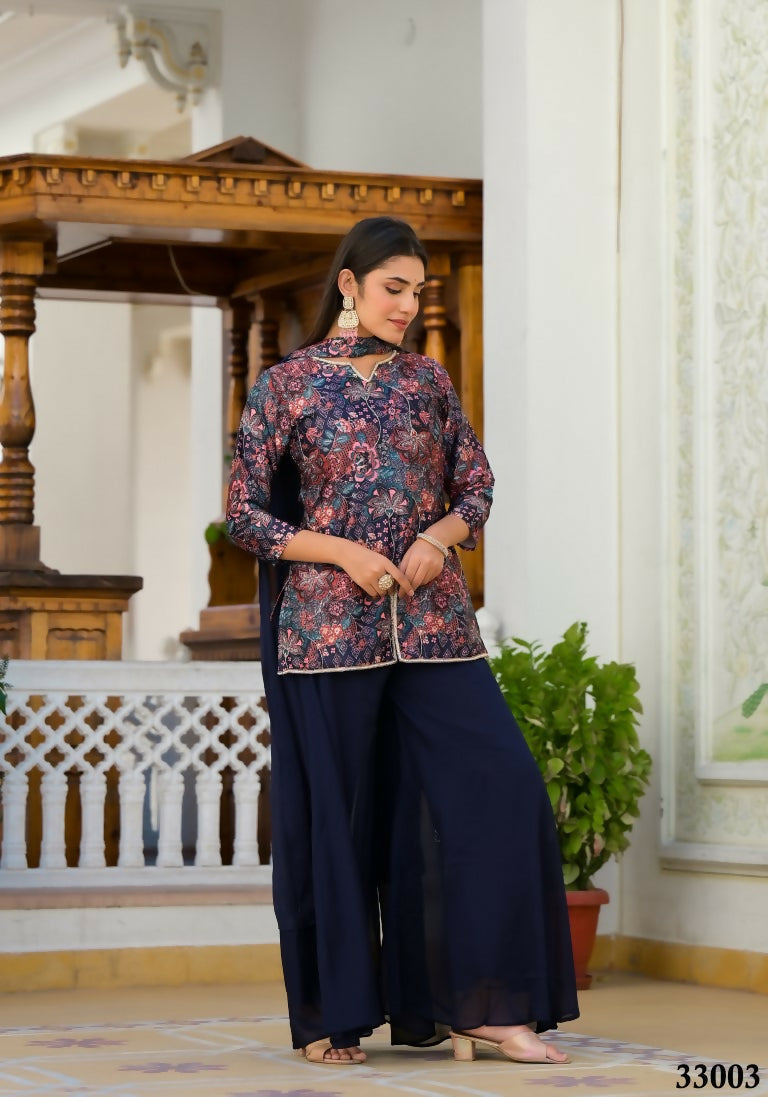 Designer Stylish Navy Blue Dull satin Stitched Suit With Dupatta - Samya