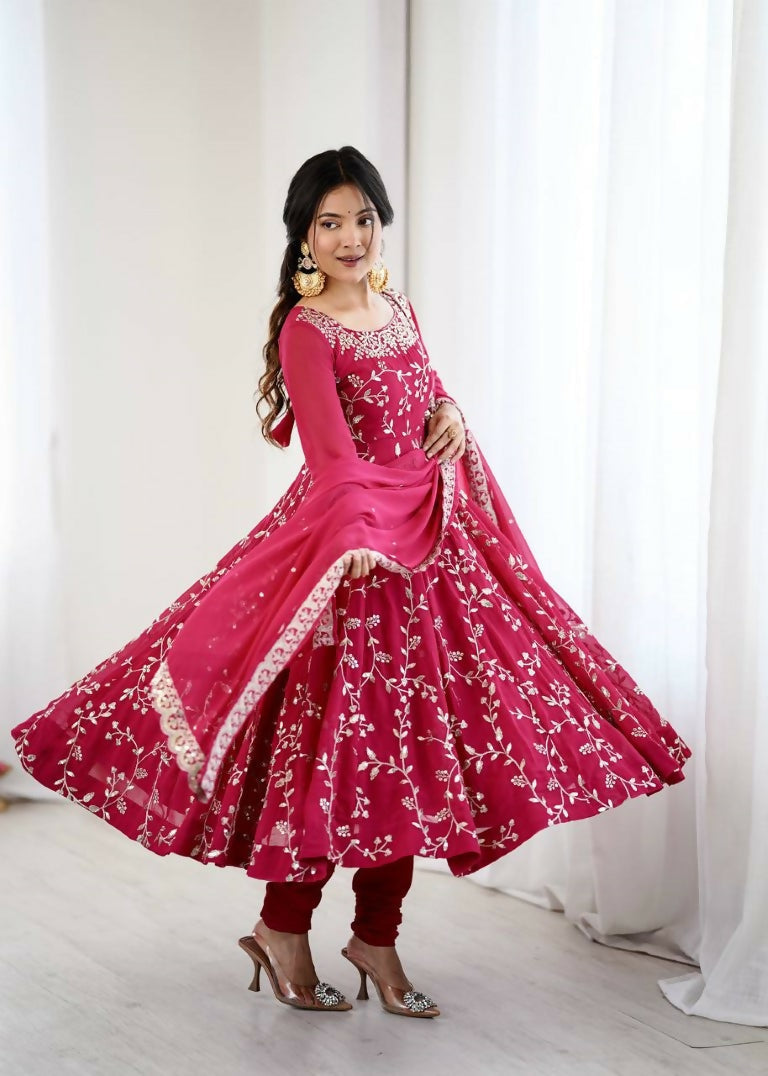 Teeya Creation Red Color Heavy Faux Georgette Embroidery Work Gown