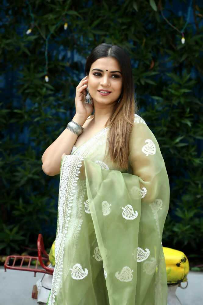 Vamsee Cotton Kerry Green Organza Saree