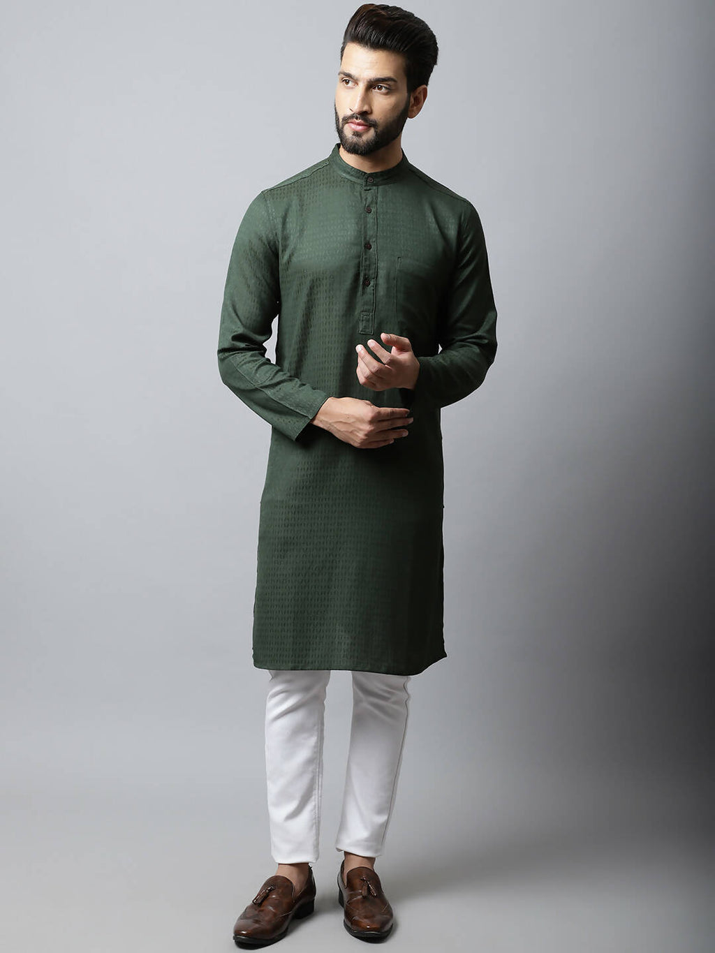 Even Apparels Green Color Viscose Pure Cotton Men's Kurta With Band Collar (SLD1197)
