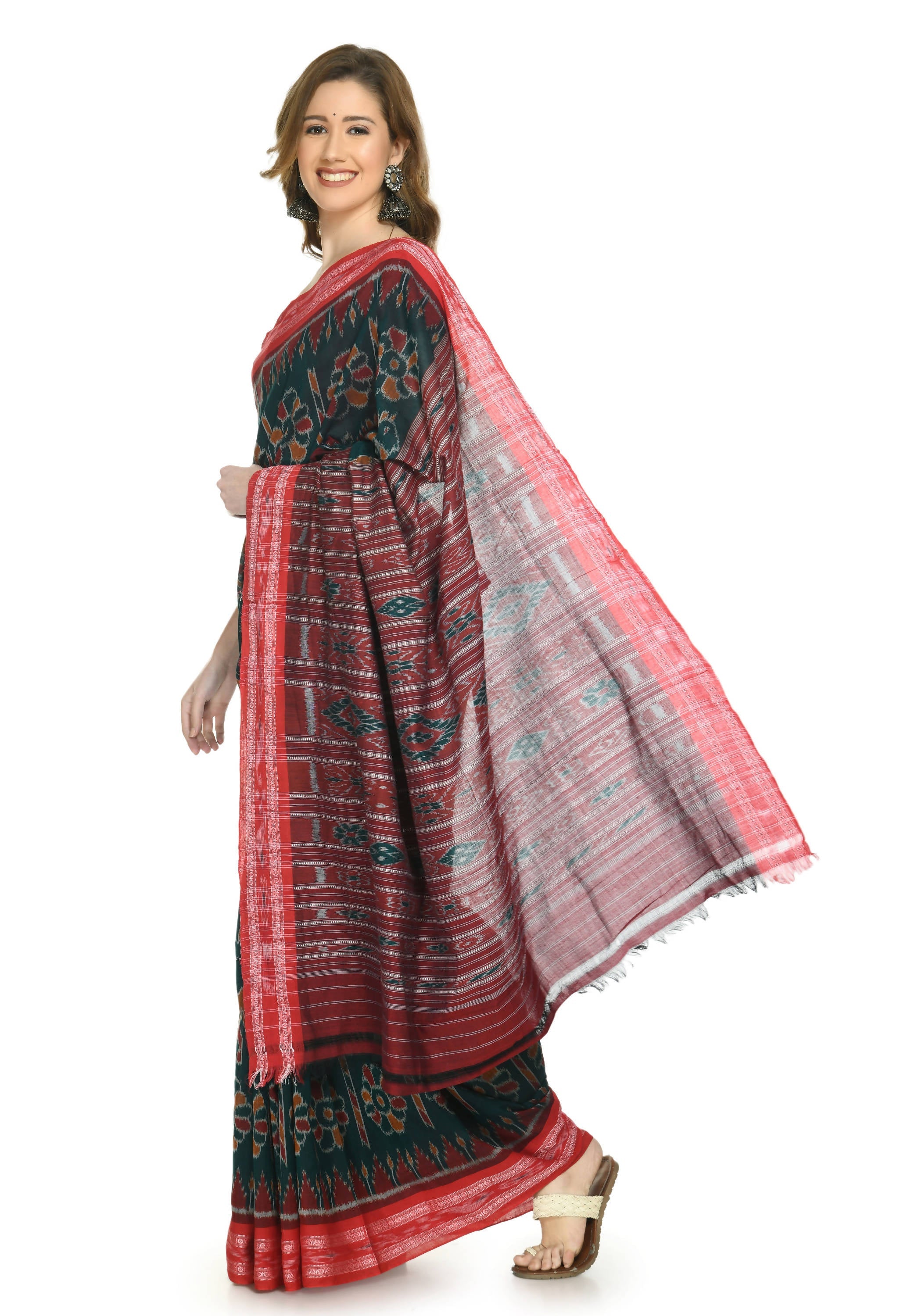 Vamika Sambalpuri Ikat Cotton Dehabandha Green & Red Saree