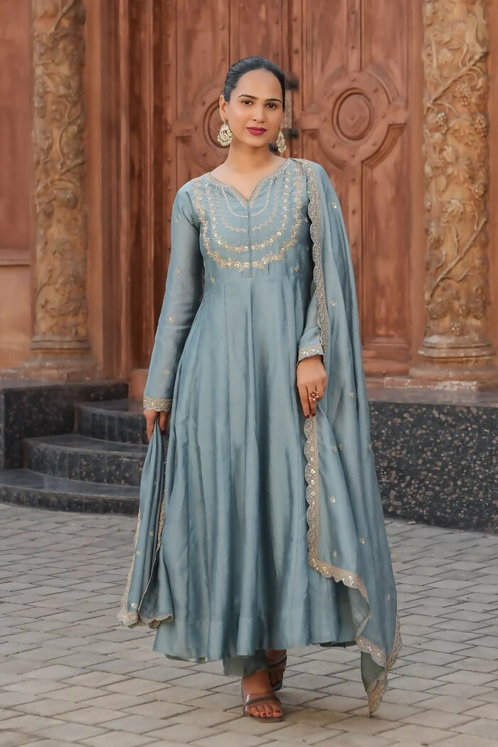 The52 Teal Blue Women's Gorgeous Vichitra Silk Fabric Embroidered Work Flared Anarkali Pant and Dupatta Set