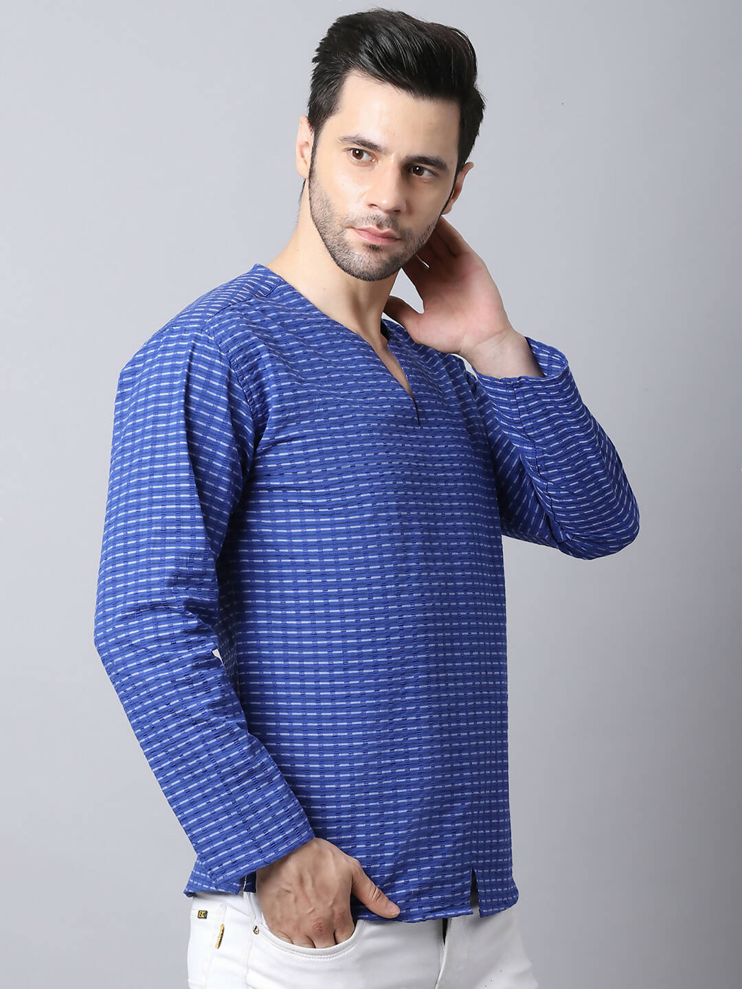 Even Apparels Blue Pure Cotton Round Neck Slit Men's Kurta