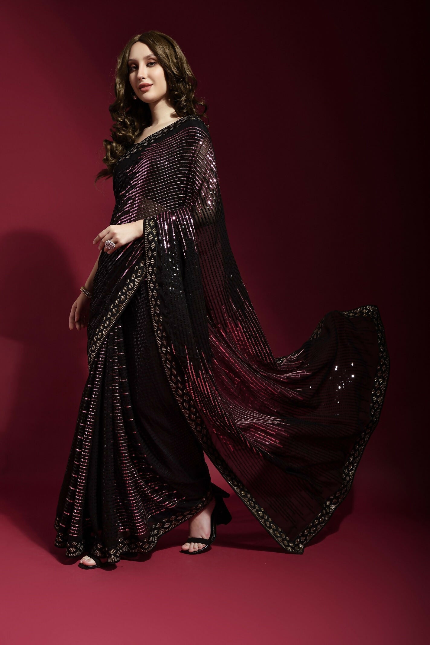 Vegaa Fashion Black Georgette Embroidered Party Wear Saree