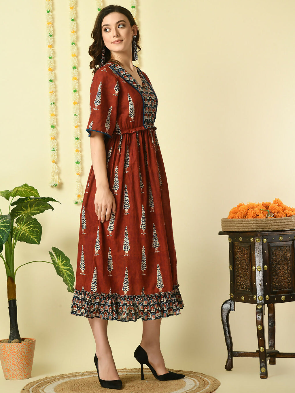 Myshka Women's Rust Printed Cotton Party Dress