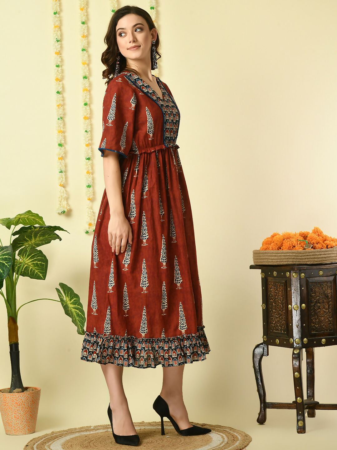 Myshka Women's Rust Printed Cotton Party Dress