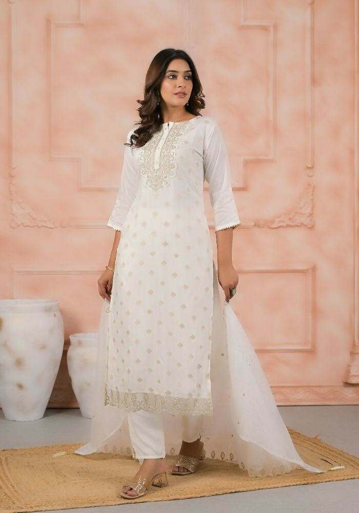 Ethnic Festive Wear Viscose White Stitched Suit With Dupatta - Anbazaar