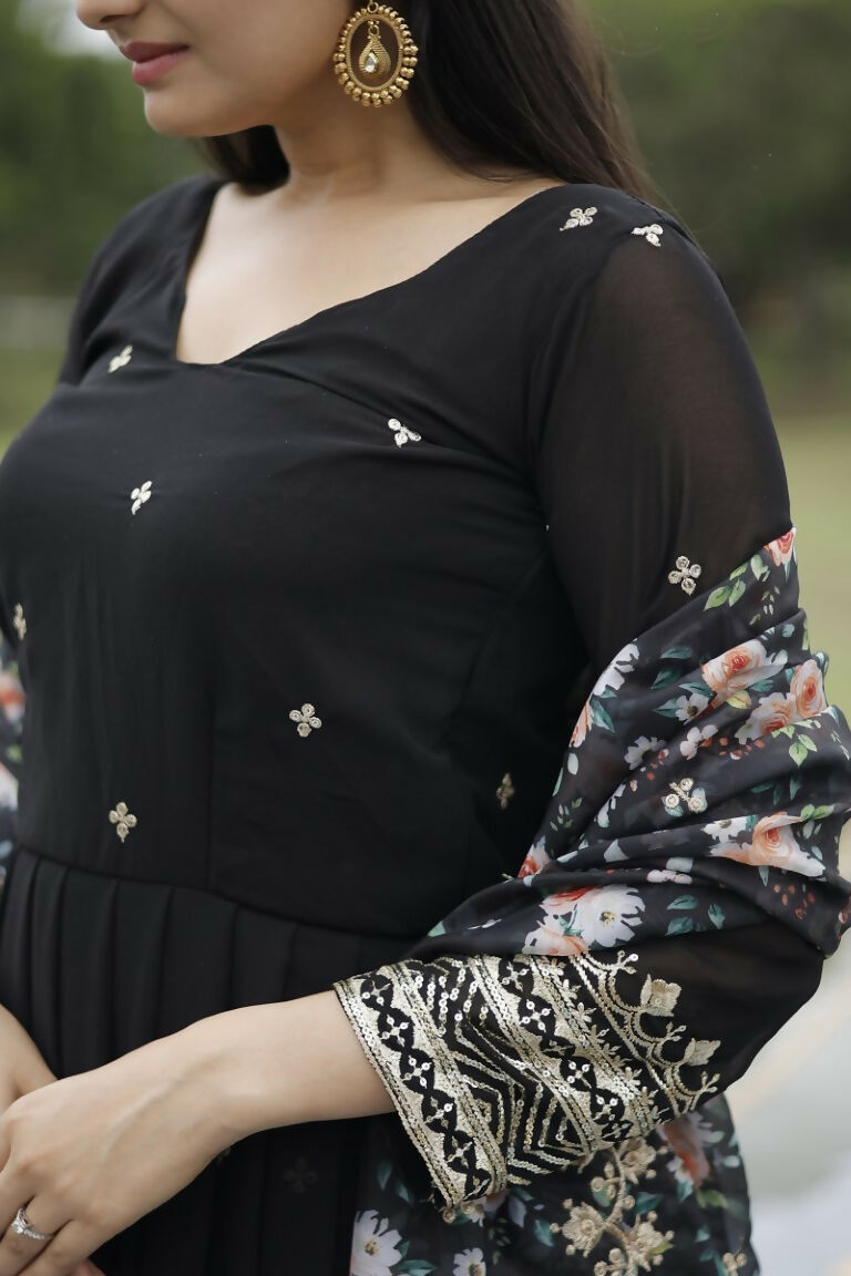 Jyoti Fashion Women's Black Faux Blooming Sequins with Zari Embroidery Anarkali Dress with Dupatta