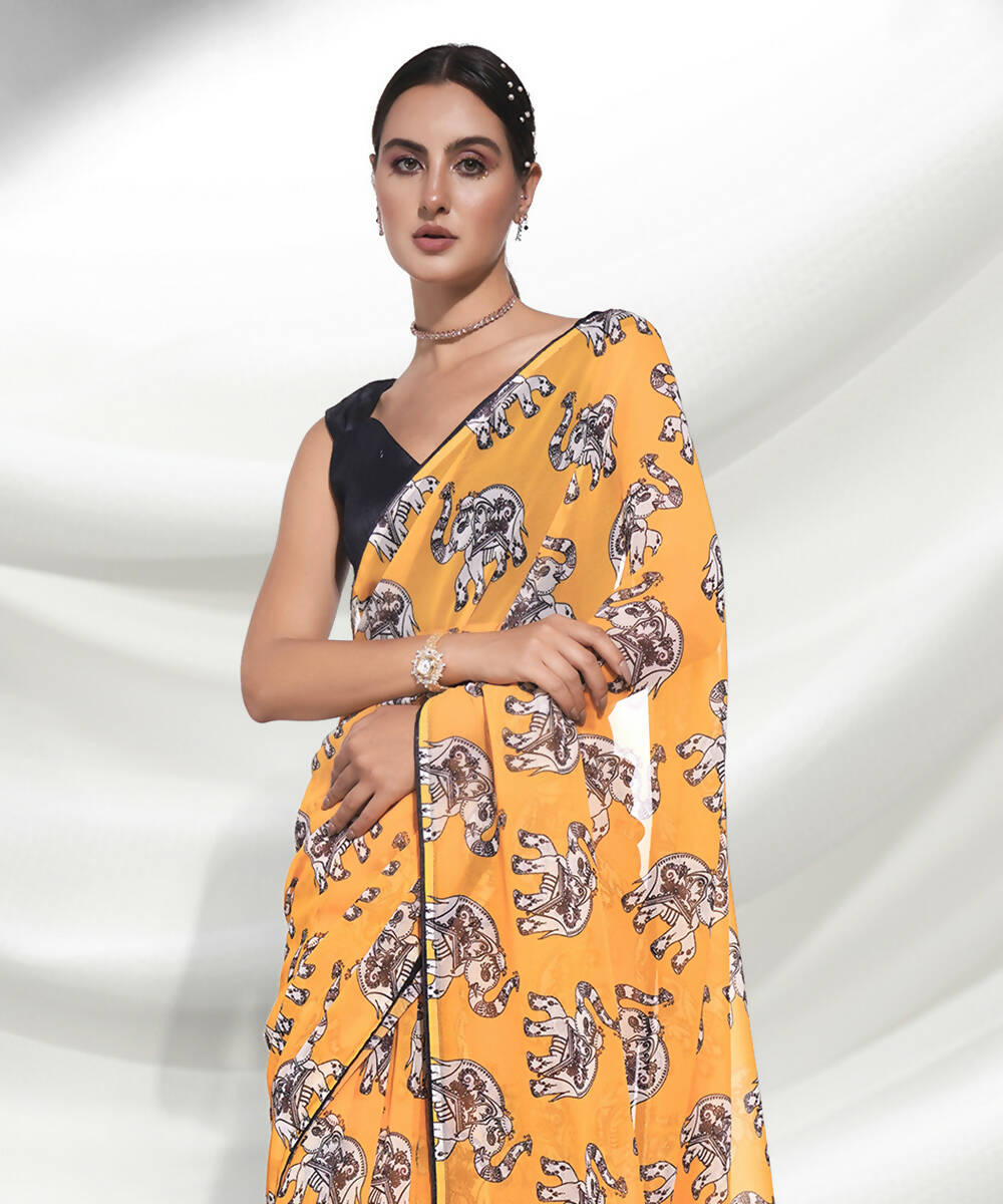Yellow Georgette Animal Printed Saree With Unstitched Blouse Piece - Rajal
