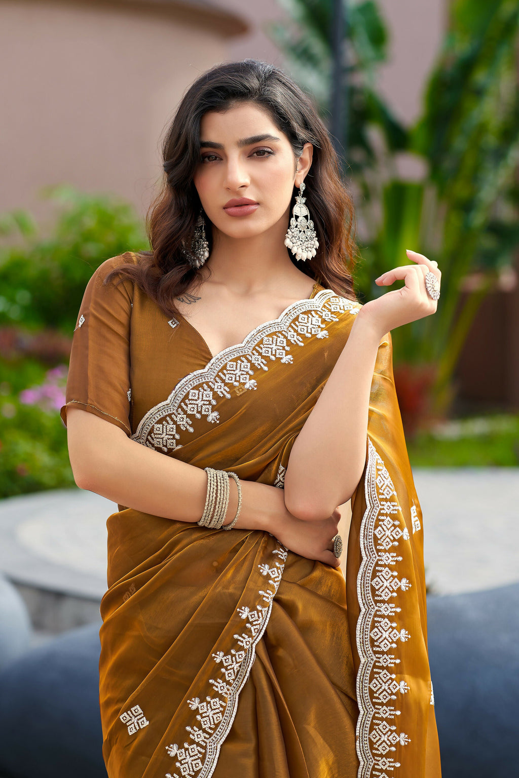 Vastranavya Brown Embroidery Work Shimmer Chiffon Saree with Unstitched Blouse