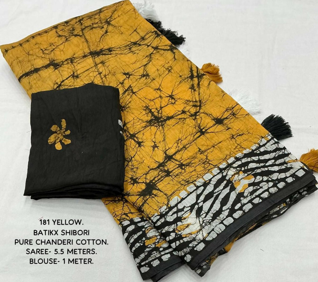 Arfa Fashion House Mustered Combination Pure Chanderi Cotton Batik Printed Saree